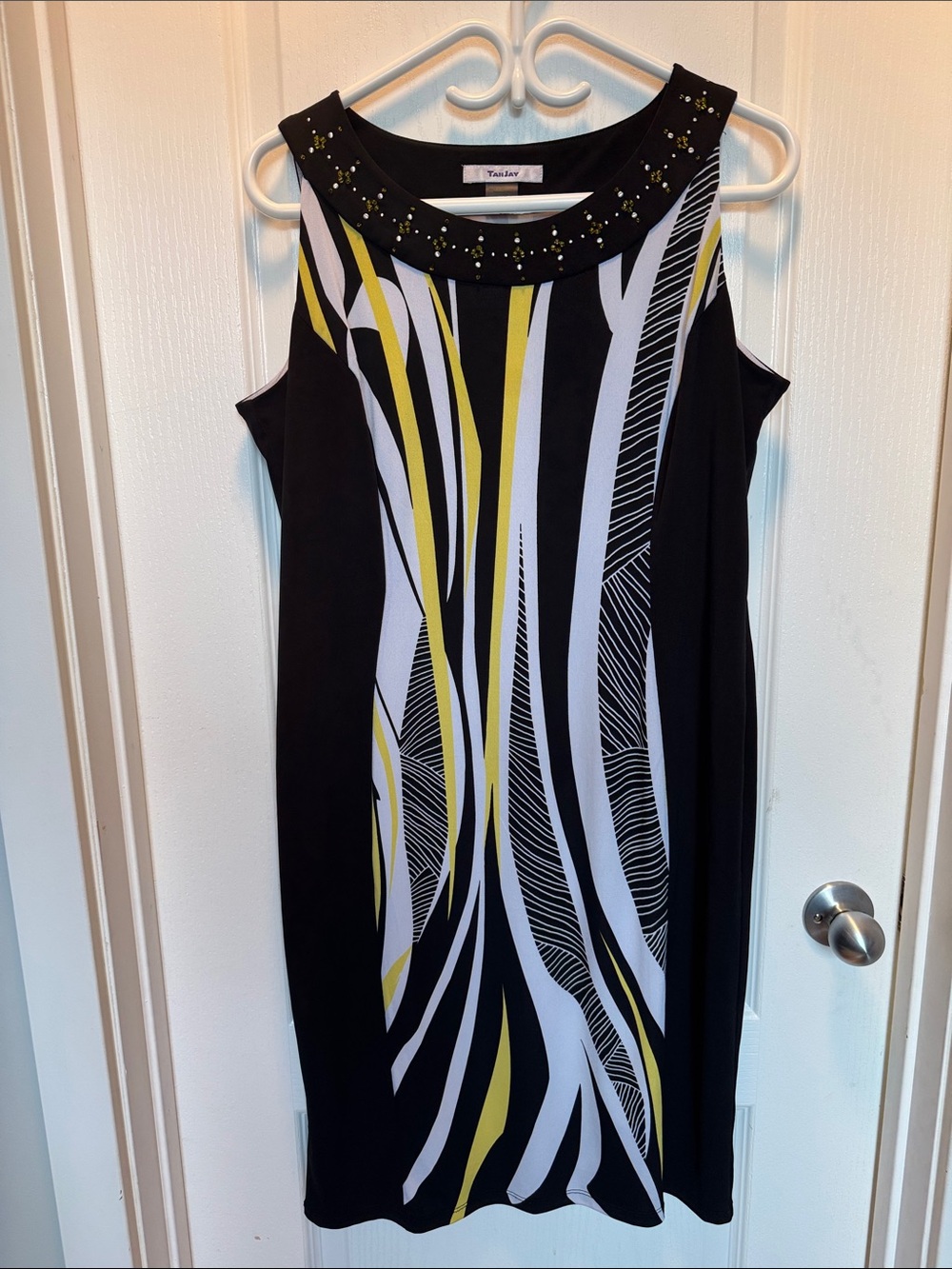 Tan Jay Black Sleeveless Midi Dress with White and Yellow Graphic Panels